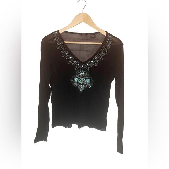 New York & Company Black Mesh Turquoise VTG Y2K Blouse - Picture 1 of 7